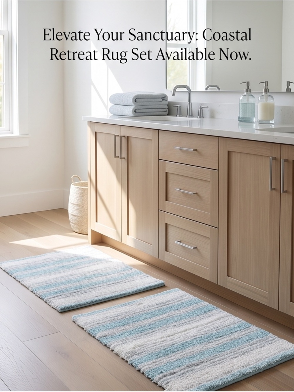 Set of 2 Cotton Bath Rugs 21” x 36” Aqua Blue Gray Striped Bath Mats